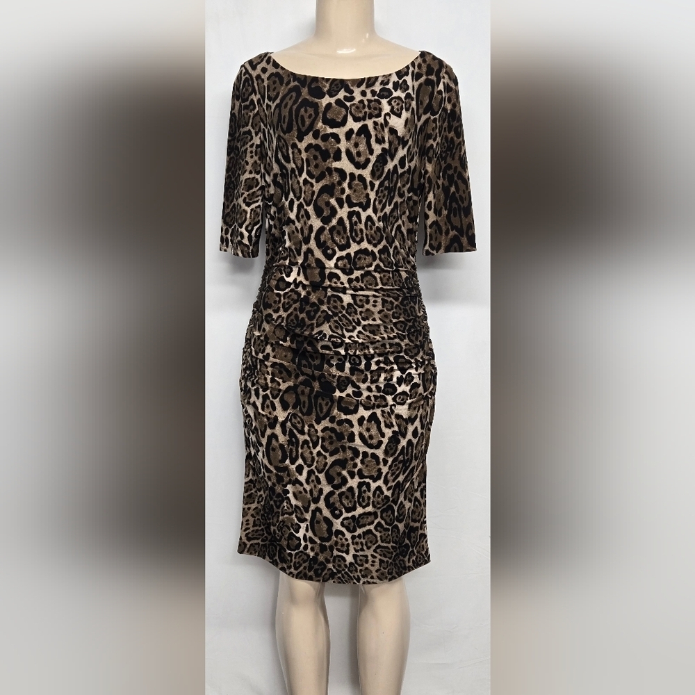 Nine West 6 Ruched Fitted Dress Slinky Stretch Animal Print Gathered Sides